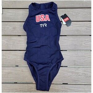 TYR USA Water Polo Womens Breakaway Suit Zipper One Piece Swimsuit Navy Size 34